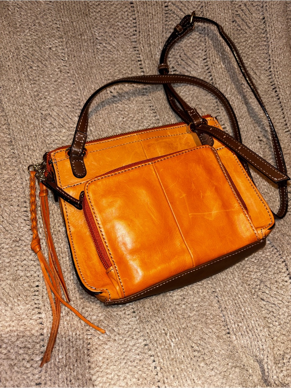 Tignanello Orange Tone and Brown Genuine Leather Crossbody Bag Braided Tassel